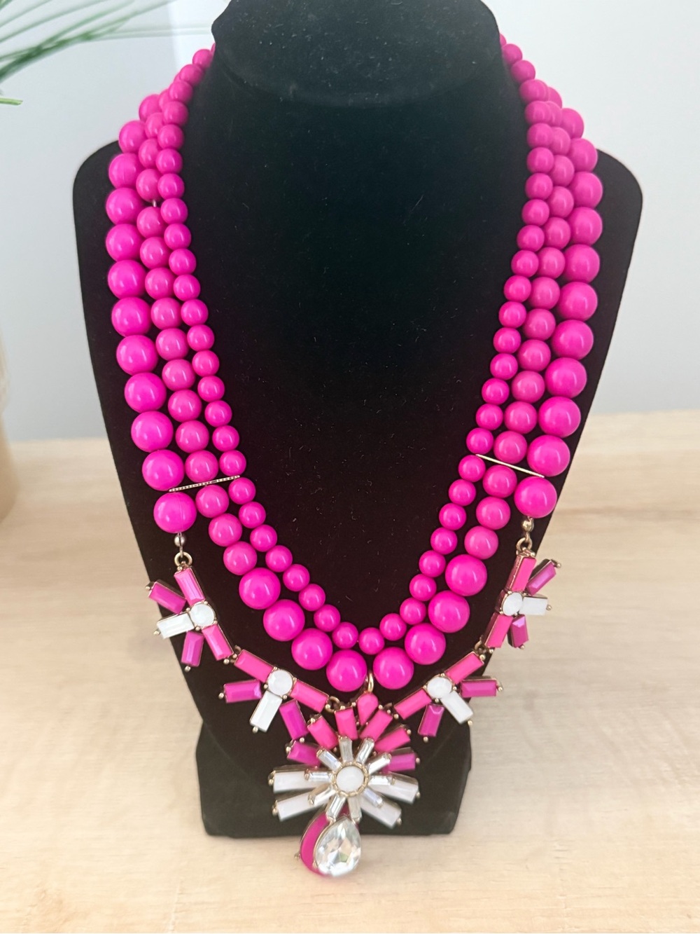 Charming Charlie Hot Pink Multi-Strand Beaded Necklace with Crystal Pendant